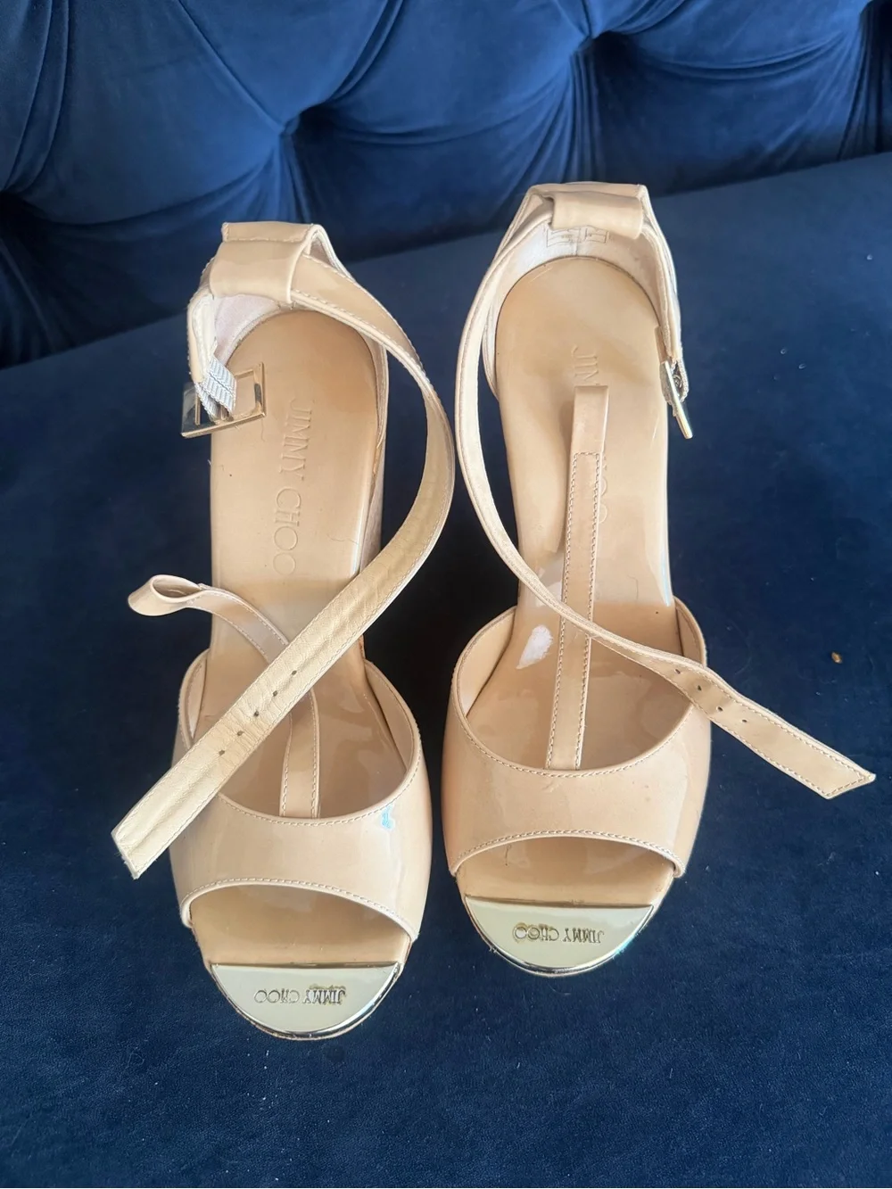 Jimmy Choo Beige Patent Leather Slingback Heels